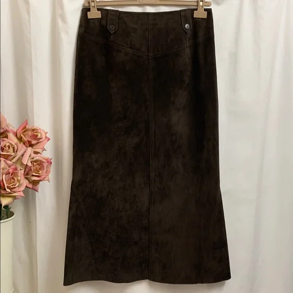 Chocolate Brown Suede Leather Maxi Skirt Vintage Quiet Luxury Euro Designer - Picture 6 of 12